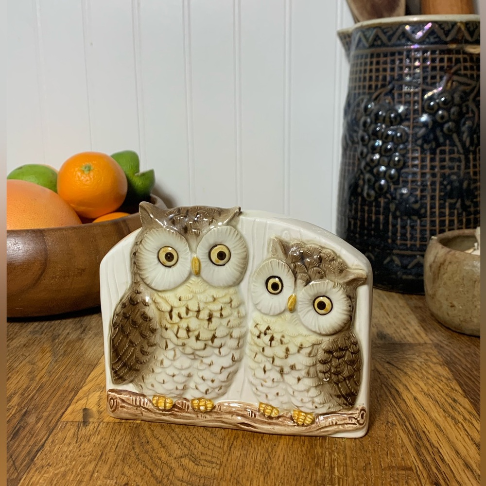 Otagiri Owl Organizer Vintage Ceramic Owl Pair 1980s Decor Kitchen Bathroom